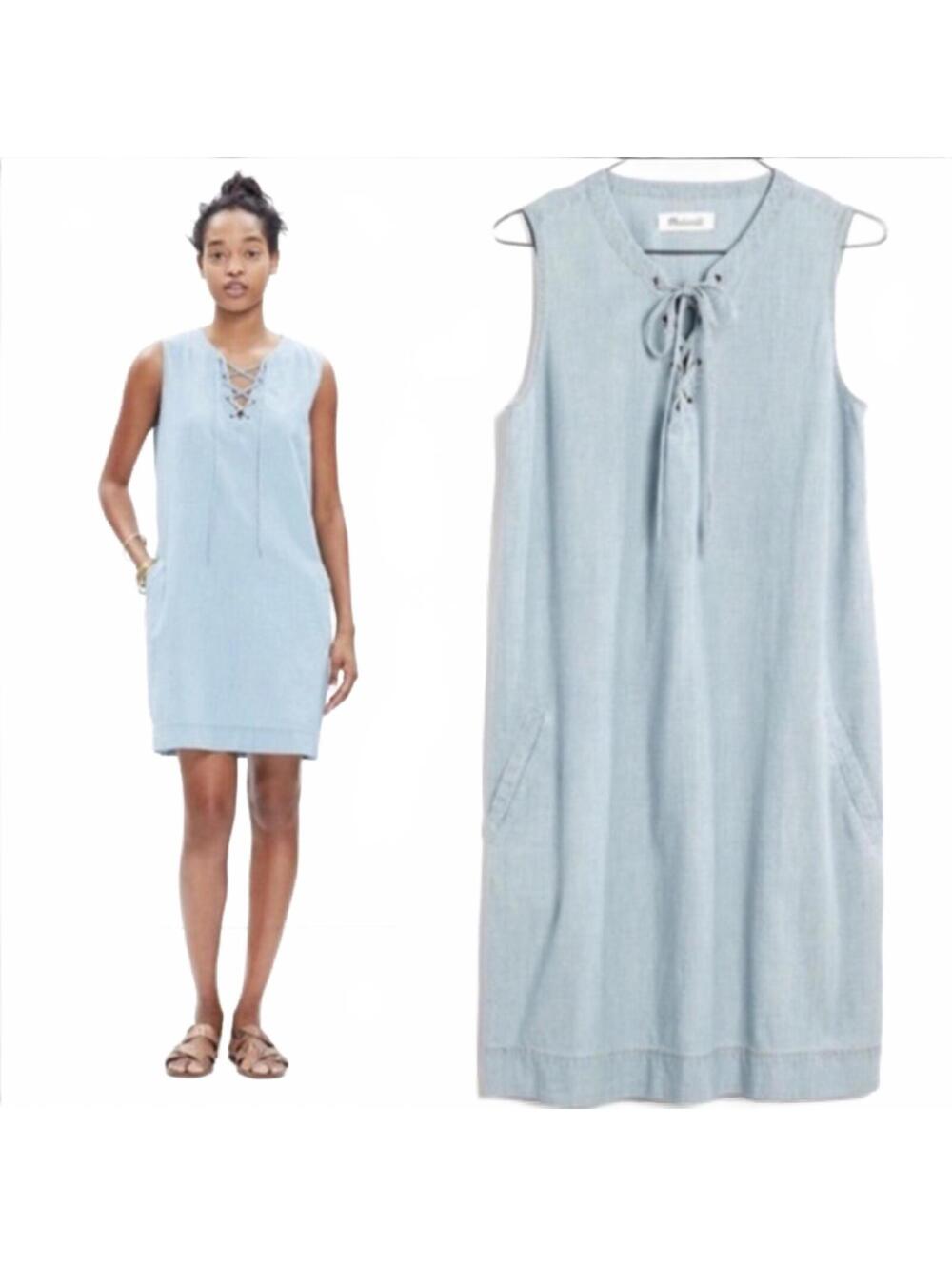 Madewell Lace-Up Boho Chambray Coastal Shift Dress Light Wash Blue XL - Picture 3 of 9